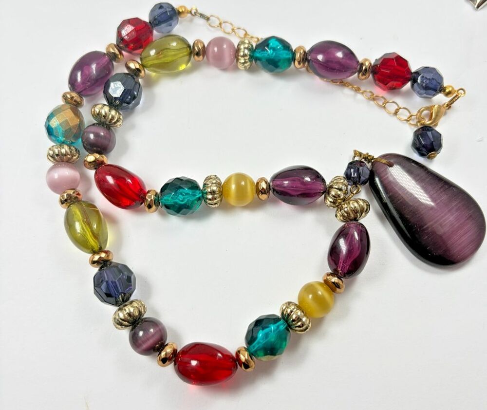 Vintage 90sEstate Multicolor Glass Bead Necklace Teardrop Pendant Boho Statement